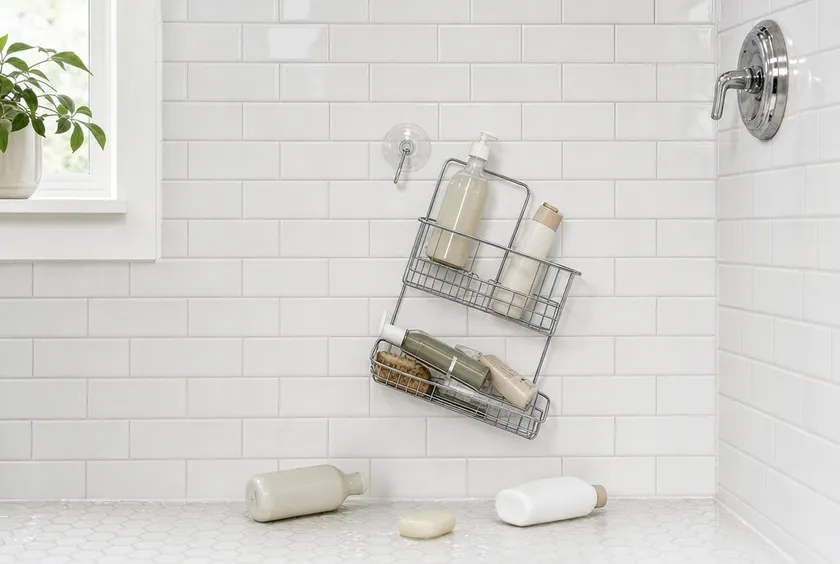 Before: shampoo bottles crowded on the shower floor after a suction caddy failed
