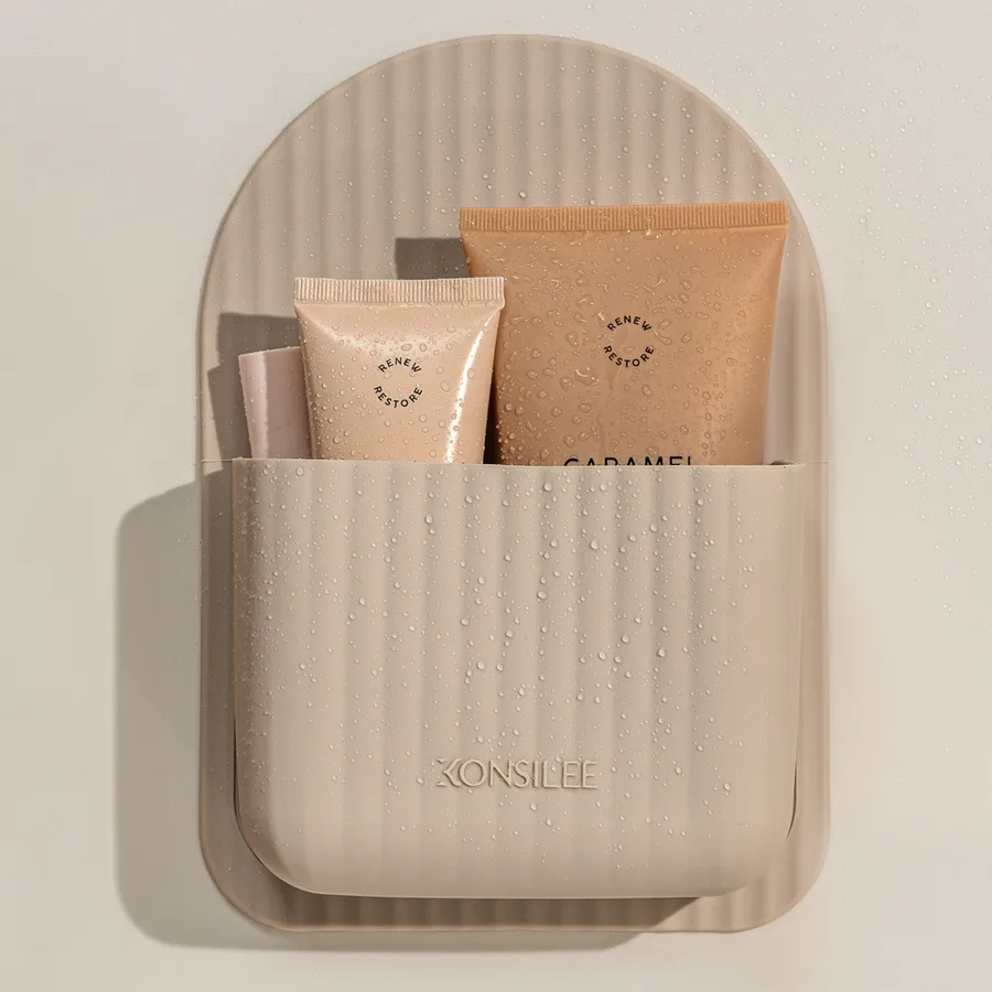 The Kendall by Konsilee: arched fluted silicone shower caddy in Latte, the best shower caddy no drill install requires